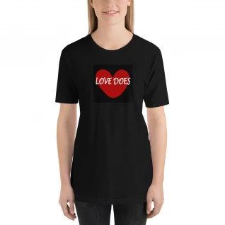 Love Does Short-Sleeve T-Shirt - Premium Branded Item - Black Background - For Her